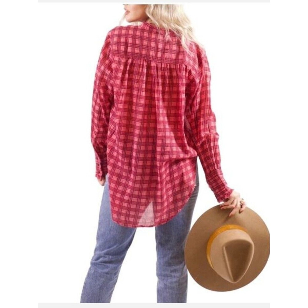 FP One Free People Plaid Miles Tuxedo Ruffle Top In Pink Combo Size Medium - Picture 10 of 10